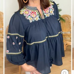 Piper & Scoot Dance With Me Tiered Floral Embroidered Boho Peasant Top Navy Blue